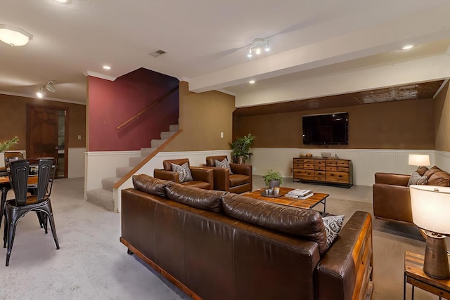26136 E 2200 N Rd, Lexington, IL 61753 - living area featuring wainscoting, stairs, ornamental molding, light carpet, and recessed lighting