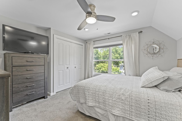 221 N 6th St, Saint Charles, IL 60174 - bedroom featuring carpet floors, a closet, lofted ceiling, and a ceiling fan