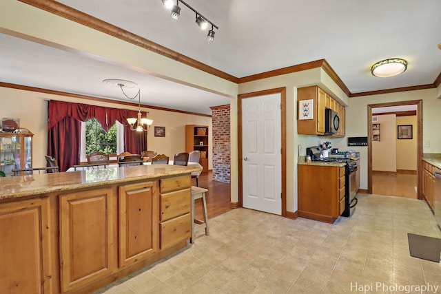 1415 Arabian Spur, Mchenry, IL 60051 - kitchen featuring black appliances, a chandelier, brown cabinetry, light stone countertops, and ornamental molding