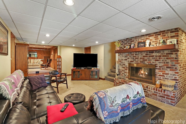 1415 Arabian Spur, Mchenry, IL 60051 - living area with a fireplace, a drop ceiling, recessed lighting, and carpet