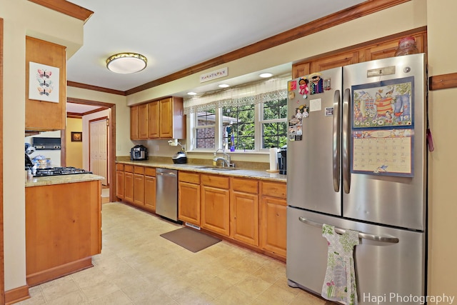 1415 Arabian Spur, Mchenry, IL 60051 - kitchen with stainless steel appliances, crown molding, light countertops, and brown cabinetry