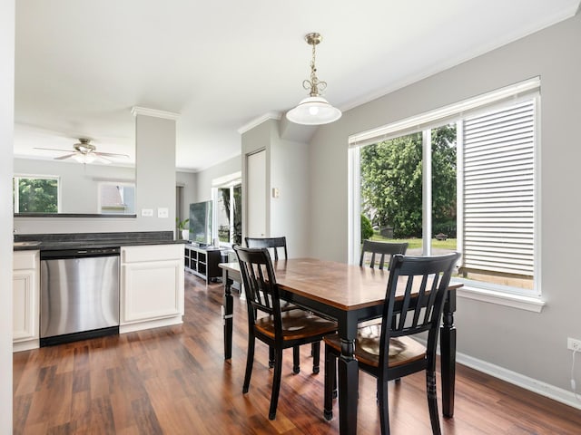 2455 Hillsboro Ln, Montgomery, IL 60538 - dining area with crown molding, plenty of natural light, dark wood finished floors, and a ceiling fan