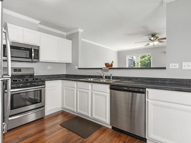 2455 Hillsboro Ln, Montgomery, IL 60538 - kitchen featuring stainless steel appliances, crown molding, ceiling fan, white cabinets, and dark wood-style flooring