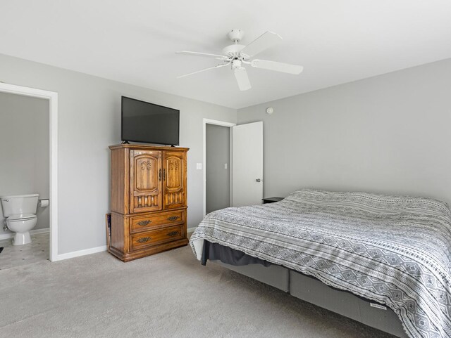 2455 Hillsboro Ln, Montgomery, IL 60538 - bedroom with light carpet, ceiling fan, and ensuite bath