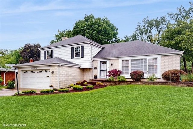 416 S Royal Ct, Palatine, IL 60067 - split level home with brick siding, a front yard, concrete driveway, and a chimney