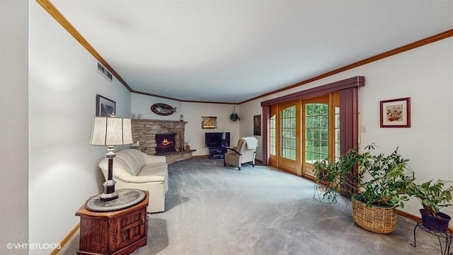 416 S Royal Ct, Palatine, IL 60067 - carpeted living area featuring crown molding, a stone fireplace, and baseboards