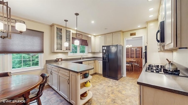 416 S Royal Ct, Palatine, IL 60067 - kitchen with black fridge with ice dispenser, gas cooktop, cream cabinets, healthy amount of natural light, and crown molding