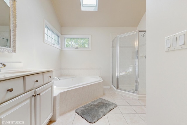 3432 Redwing Dr, Naperville, IL 60564 - full bathroom featuring vanity, a bath, a stall shower, lofted ceiling, and tile patterned flooring