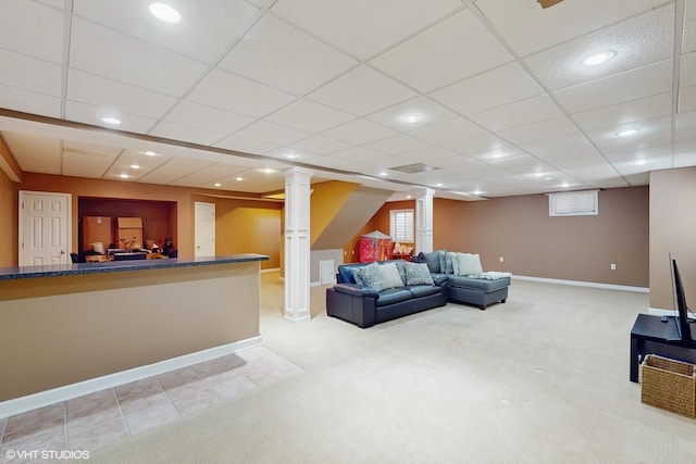 3432 Redwing Dr, Naperville, IL 60564 - living room with light carpet, recessed lighting, decorative columns, and a paneled ceiling