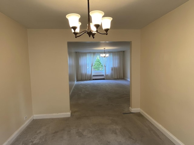 2834 W Granville Ave Unit 2A, Chicago, IL 60659 - unfurnished dining area featuring a chandelier, carpet flooring, radiator, and baseboards