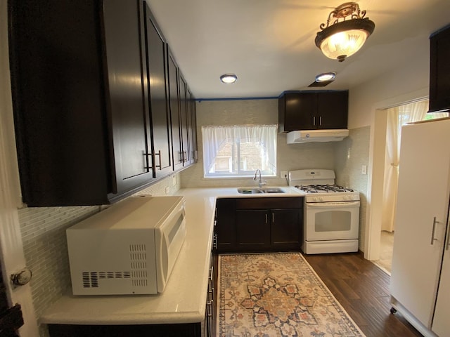 2834 W Granville Ave Unit 2A, Chicago, IL 60659 - kitchen featuring white appliances, under cabinet range hood, a sink, dark cabinetry, and dark wood finished floors