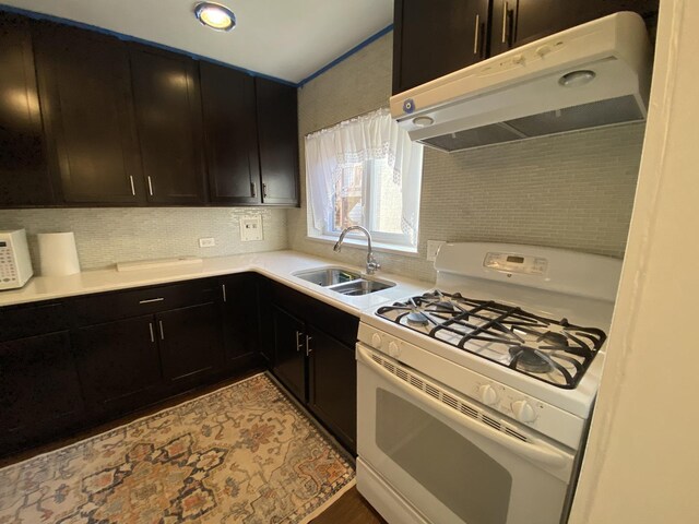 2834 W Granville Ave Unit 2A, Chicago, IL 60659 - kitchen featuring white appliances, a sink, under cabinet range hood, dark cabinetry, and light countertops
