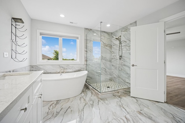 4951 W Ribbon Dr, Monee, IL 60449 - bathroom with a marble finish shower, a freestanding bath, vanity, recessed lighting, and marble finish floors
