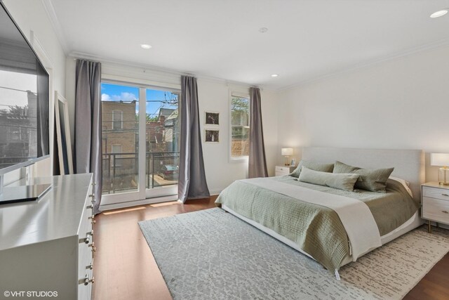 3020 N Sheffield Ave Unit 1N, Chicago, IL 60657 - bedroom featuring wood finished floors, crown molding, access to exterior, and recessed lighting