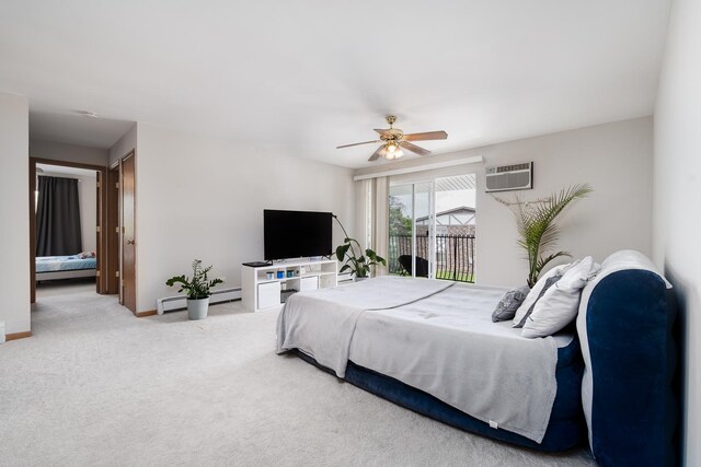 9S220 Lake Dr Unit 16-201, Willowbrook, IL 60527 - bedroom with an AC wall unit, carpet, baseboards, a baseboard radiator, and ceiling fan