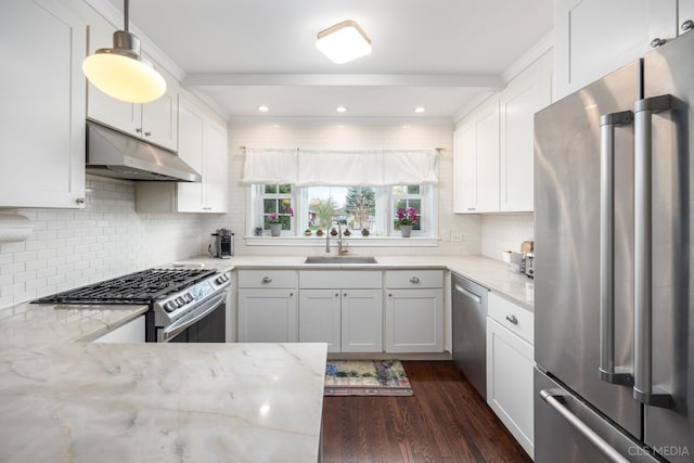1405 Cynthia Ave, Park Ridge, IL 60068 - kitchen with stainless steel appliances, under cabinet range hood, a sink, dark wood-style floors, and light stone counters