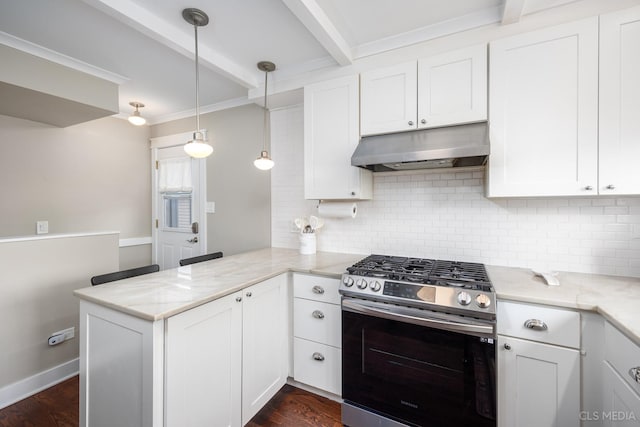 1405 Cynthia Ave, Park Ridge, IL 60068 - kitchen featuring under cabinet range hood, stainless steel gas range, a peninsula, backsplash, and beamed ceiling