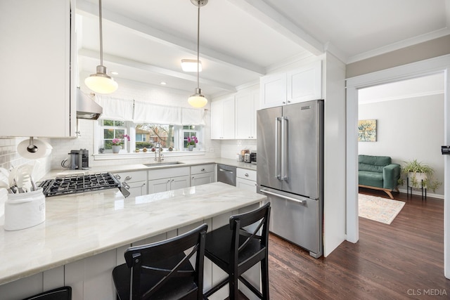 1405 Cynthia Ave, Park Ridge, IL 60068 - kitchen with stainless steel appliances, a sink, dark wood-style floors, a peninsula, and beam ceiling
