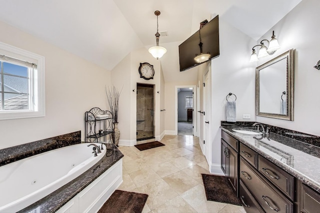 22814 Sara Springs Dr, Frankfort, IL 60423 - bathroom with a whirlpool tub, a stall shower, vanity, lofted ceiling, and tile patterned floors