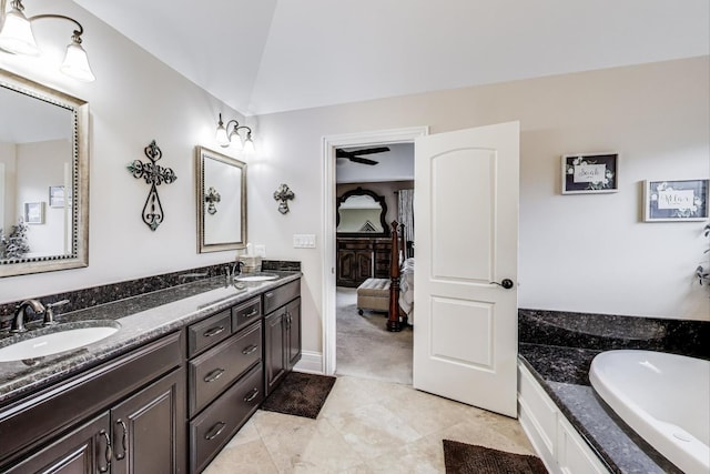22814 Sara Springs Dr, Frankfort, IL 60423 - bathroom featuring connected bathroom, double vanity, a bath, lofted ceiling, and tile patterned floors