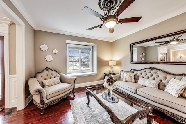 22814 Sara Springs Dr, Frankfort, IL 60423 - living room featuring ceiling fan, dark wood-type flooring, ornamental molding, and baseboards