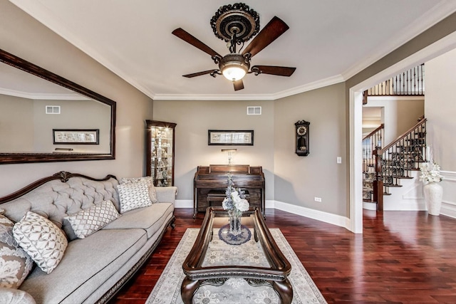 22814 Sara Springs Dr, Frankfort, IL 60423 - living room with wood finished floors, ceiling fan, stairs, baseboards, and ornamental molding