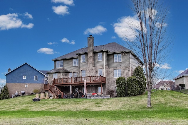 22814 Sara Springs Dr, Frankfort, IL 60423 - back of property with a wooden deck, a chimney, a lawn, stairs, and brick siding