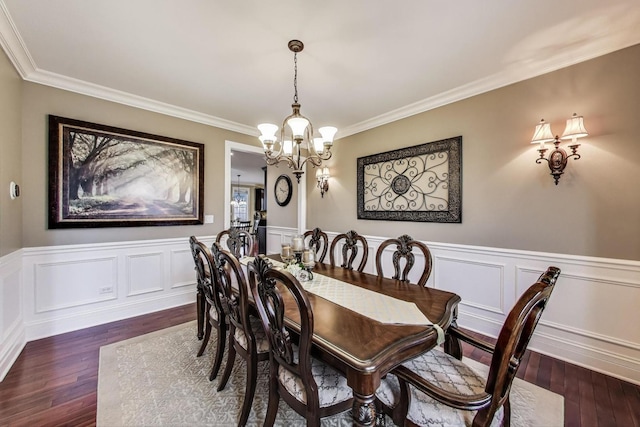 22814 Sara Springs Dr, Frankfort, IL 60423 - dining space featuring a chandelier, dark wood-type flooring, ornamental molding, and a wainscoted wall