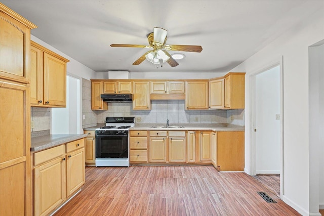1305 W Beardsley Ave, Urbana, IL 61801 - kitchen featuring gas range oven, under cabinet range hood, light brown cabinetry, and light countertops