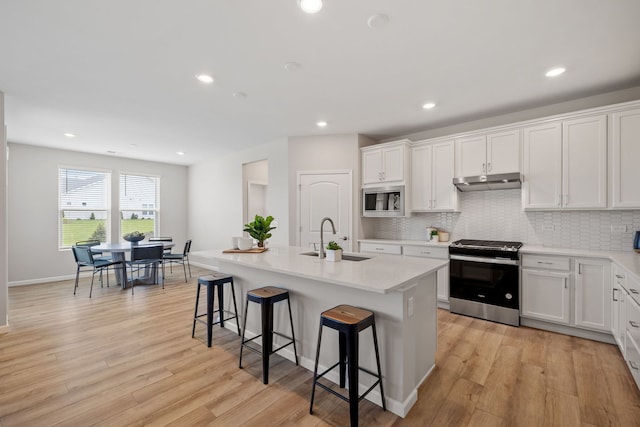 3214 Lincoln Prairie Blvd, Aurora, IL 60503 - kitchen featuring appliances with stainless steel finishes, a sink, under cabinet range hood, a breakfast bar area, and decorative backsplash