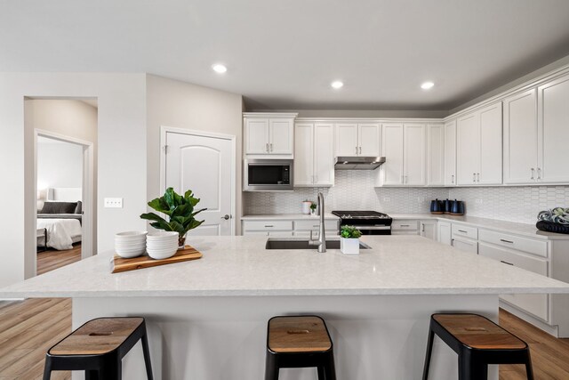 3214 Lincoln Prairie Blvd, Aurora, IL 60503 - kitchen with stainless steel appliances, a sink, a kitchen breakfast bar, light wood finished floors, and recessed lighting