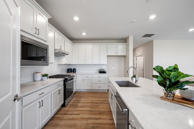 3214 Lincoln Prairie Blvd, Aurora, IL 60503 - kitchen featuring a sink, stainless steel appliances, under cabinet range hood, white cabinets, and light stone counters