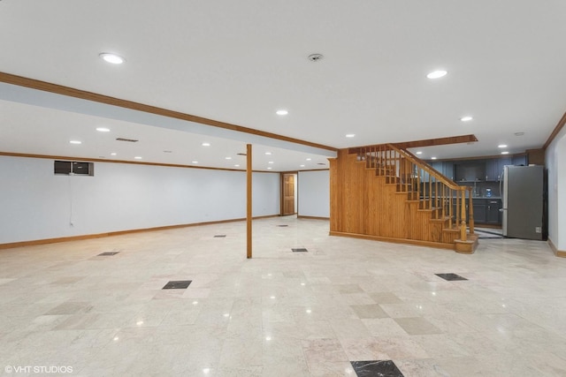 13714 S Janas Pkwy, Homer Glen, IL 60491 - finished below grade area with freestanding refrigerator, stairs, baseboards, crown molding, and recessed lighting