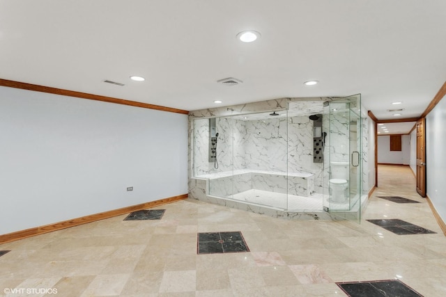 13714 S Janas Pkwy, Homer Glen, IL 60491 - bathroom featuring recessed lighting, ornamental molding, baseboards, a marble finish shower, and toilet