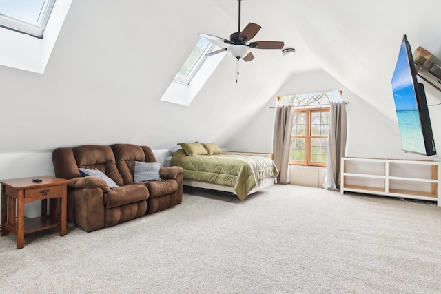 24725 Hanover Ct, Plainfield, IL 60585 - carpeted bedroom with a skylight, lofted ceiling, multiple windows, and ceiling fan