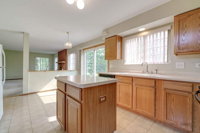 1927 Oaktree Trl, Lake Villa, IL 60046 - kitchen with a sink, light countertops, a center island, a chandelier, and light tile patterned floors