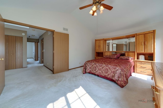 1927 Oaktree Trl, Lake Villa, IL 60046 - bedroom with light carpet, high vaulted ceiling, and a ceiling fan