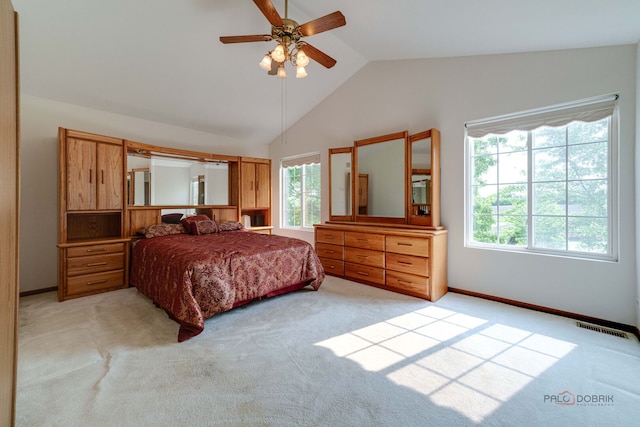 1927 Oaktree Trl, Lake Villa, IL 60046 - bedroom with light colored carpet, ceiling fan, baseboards, and high vaulted ceiling