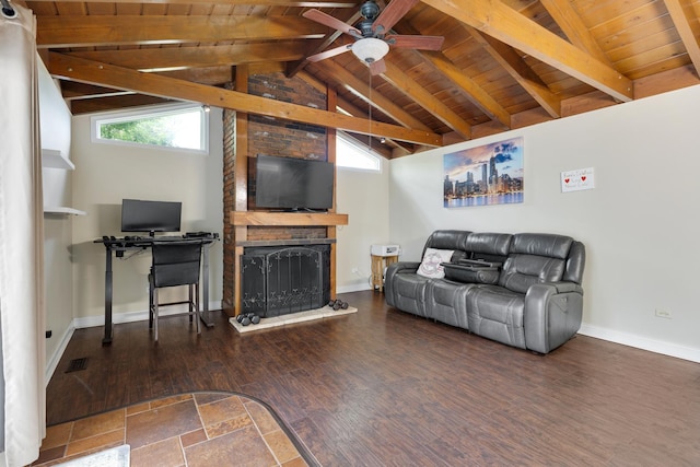 1850 Pierce Rd, Hoffman Estates, IL 60169 - living room featuring wood ceiling, a fireplace, a ceiling fan, baseboards, and wood finished floors