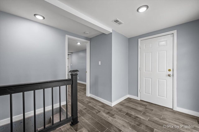 14028 S Wayman Ln, Robbins, IL 60472 - hallway with dark wood-style flooring, an upstairs landing, and recessed lighting