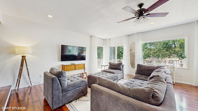 914 Ski Hill Rd, Fox River Grove, IL 60021 - living room with healthy amount of natural light, a ceiling fan, wood-type flooring, and recessed lighting