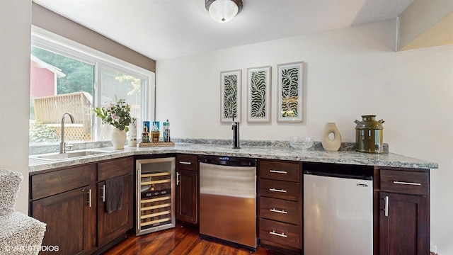 914 Ski Hill Rd, Fox River Grove, IL 60021 - indoor bar featuring refrigerator, wine cooler, dark wood finished floors, and dishwasher