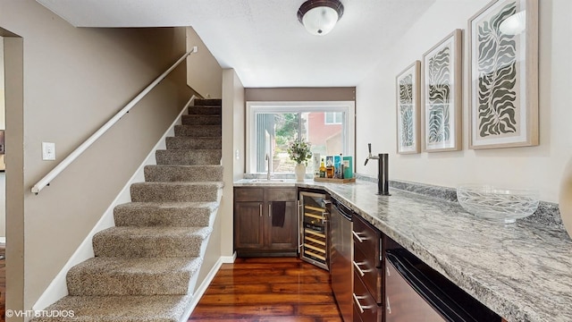 914 Ski Hill Rd, Fox River Grove, IL 60021 - indoor wet bar featuring wine cooler, dark wood-style floors, and stairs