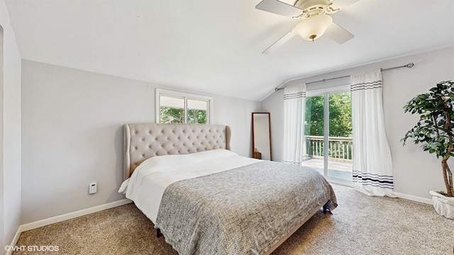 914 Ski Hill Rd, Fox River Grove, IL 60021 - bedroom featuring access to exterior, lofted ceiling, multiple windows, carpet, and a ceiling fan