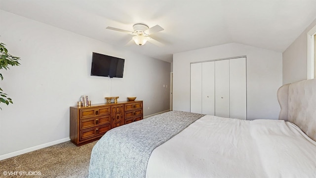 914 Ski Hill Rd, Fox River Grove, IL 60021 - bedroom featuring a closet, vaulted ceiling, light colored carpet, and ceiling fan