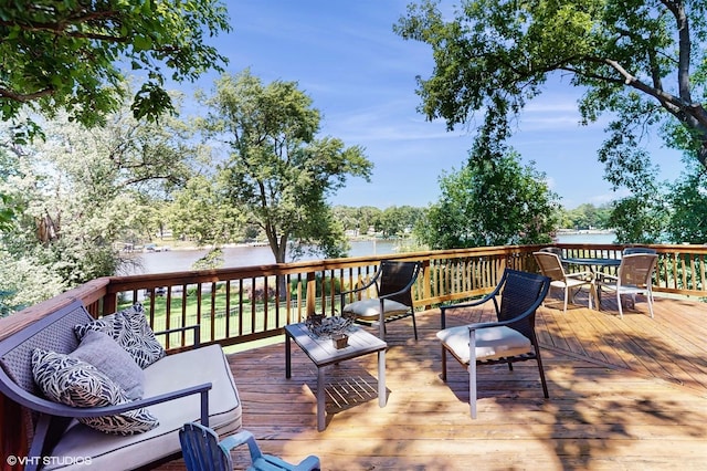 914 Ski Hill Rd, Fox River Grove, IL 60021 - wooden terrace with a water view, outdoor dining area, and an outdoor hangout area