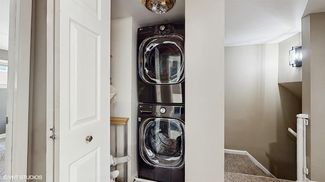 914 Ski Hill Rd, Fox River Grove, IL 60021 - laundry area with stacked washer and clothes dryer and carpet floors