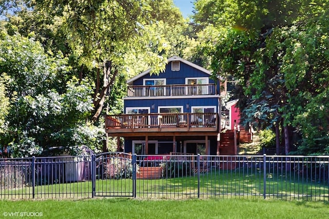 914 Ski Hill Rd, Fox River Grove, IL 60021 - back of property with a fenced backyard, a deck, a balcony, and stairway
