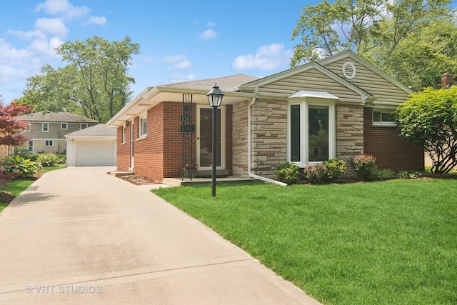 530 S Mitchell Ave, Arlington Heights, IL 60005 - ranch-style home featuring an outdoor structure, stone siding, a front yard, and a detached garage