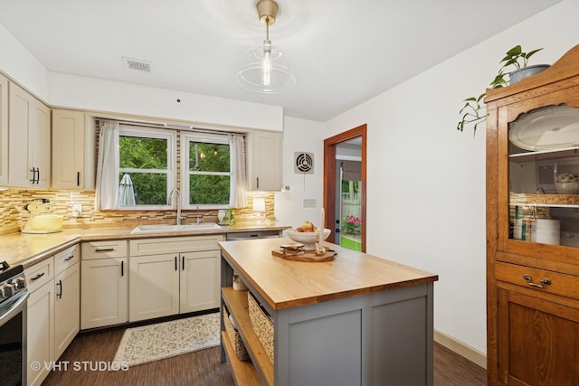 207 S Van Buren St, East Dundee, IL 60118 - kitchen featuring butcher block countertops, dark wood finished floors, tasteful backsplash, and pendant lighting